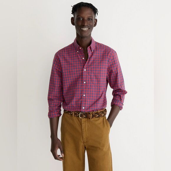 NWT J CREW Secret Wash SLIM FIT cotton poplin shirt in Bleecker Gingham Navy Red - Picture 3 of 10